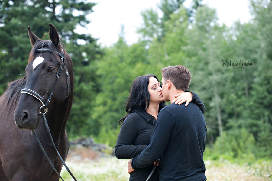 Holly and Scott - Quesnel Engagement Photography with her warmblood horse, Markas and Great Dane, Emma.