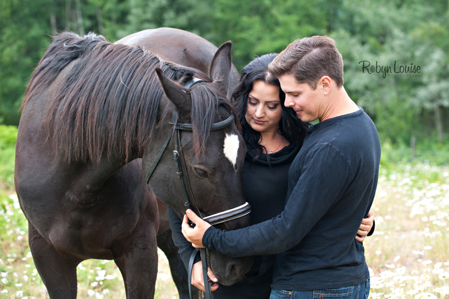 Holly and Scott – Quesnel Engagement Photographer Holly and Scott - Quesnel Engagement Photography with her warmblood horse, Markas and Great Dane, Emma.